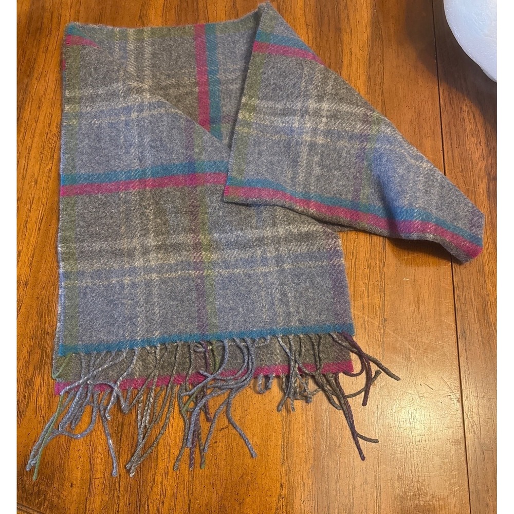 Foxford 100% Lambswool Plaid Scarf With Fringe Pink Blue Gray‎